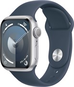 Apple Watch Series 9, 41 мм, корпус из алюминия цвета Silver (Серебристый), спортивный ремешок цвета Storm Blue (Грозовой синий), размер S/M (130-180мм)