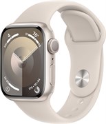 Apple Watch Series 9, 41 мм, корпус из алюминия цвета Starlight (Сияющая звезда), спортивный ремешок цвета Starlight (Сияющая звезда), размер S/M (130-180мм)