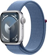 Apple Watch Series 9, 45 мм, корпус из алюминия цвета Silver (Серебристый), нейлоновый ремешок цвета Storm Blue (Грозовой синий)